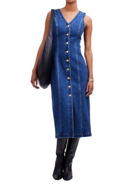 Madewell Denim V Neck Midi Dress Sleeveless Button Front Mid Wash Size 12
